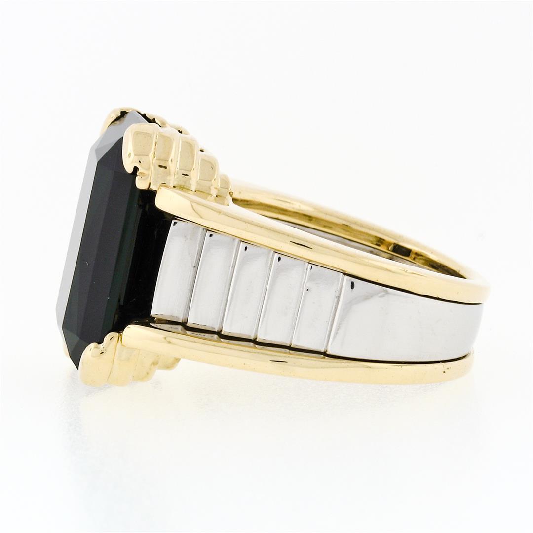 Vintage Unisex 18k Gold & Platinum Large Rectangular Black Onyx Step Design Ring