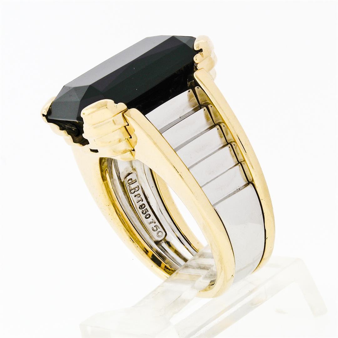 Vintage Unisex 18k Gold & Platinum Large Rectangular Black Onyx Step Design Ring