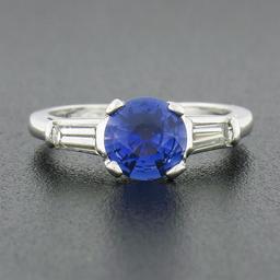 Vintage Platinum 1.48 ctw Round Sapphire Solitaire Diamond 3 Stone Engagement Ri