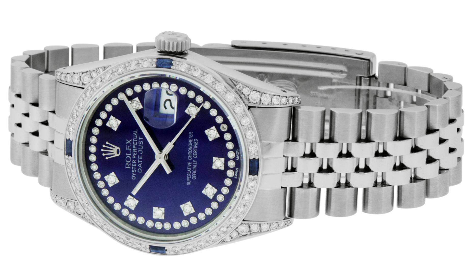 Rolex Mens Stainless Steel Blue String Diamond Lugs And Sapphire Datejust Wristw