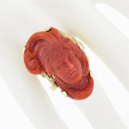 Large Vintage 14K Gold GIA NO DYE Coral Carved Lady Face Cameo Statement Ring