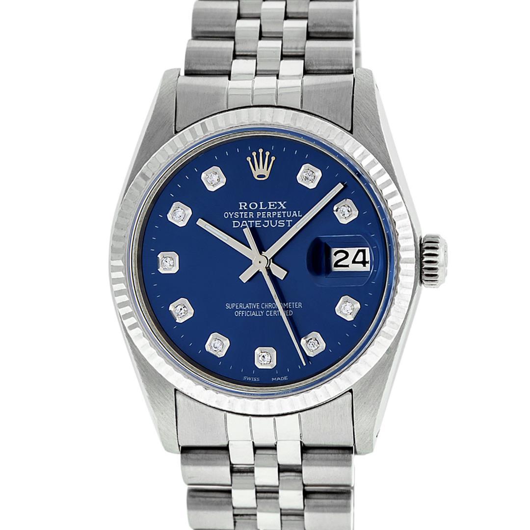 Rolex Mens Stainless Steel 36MM Blue Diamond Datejust Wristwatch