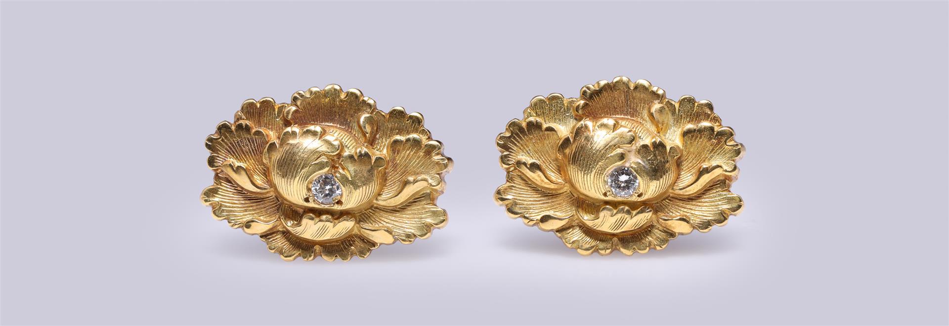 Pair of 18K Yellow Gold & Diamond Chrysanthemum Earrings by R.L. Kay