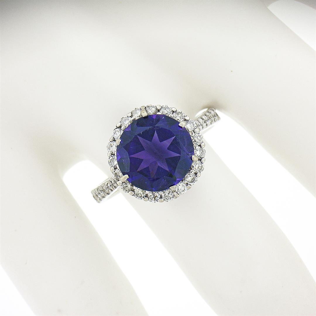 14K White Gold 4.1 ctw Royal Purple Amethyst Solitaire w/ Round Diamond Halo Rin