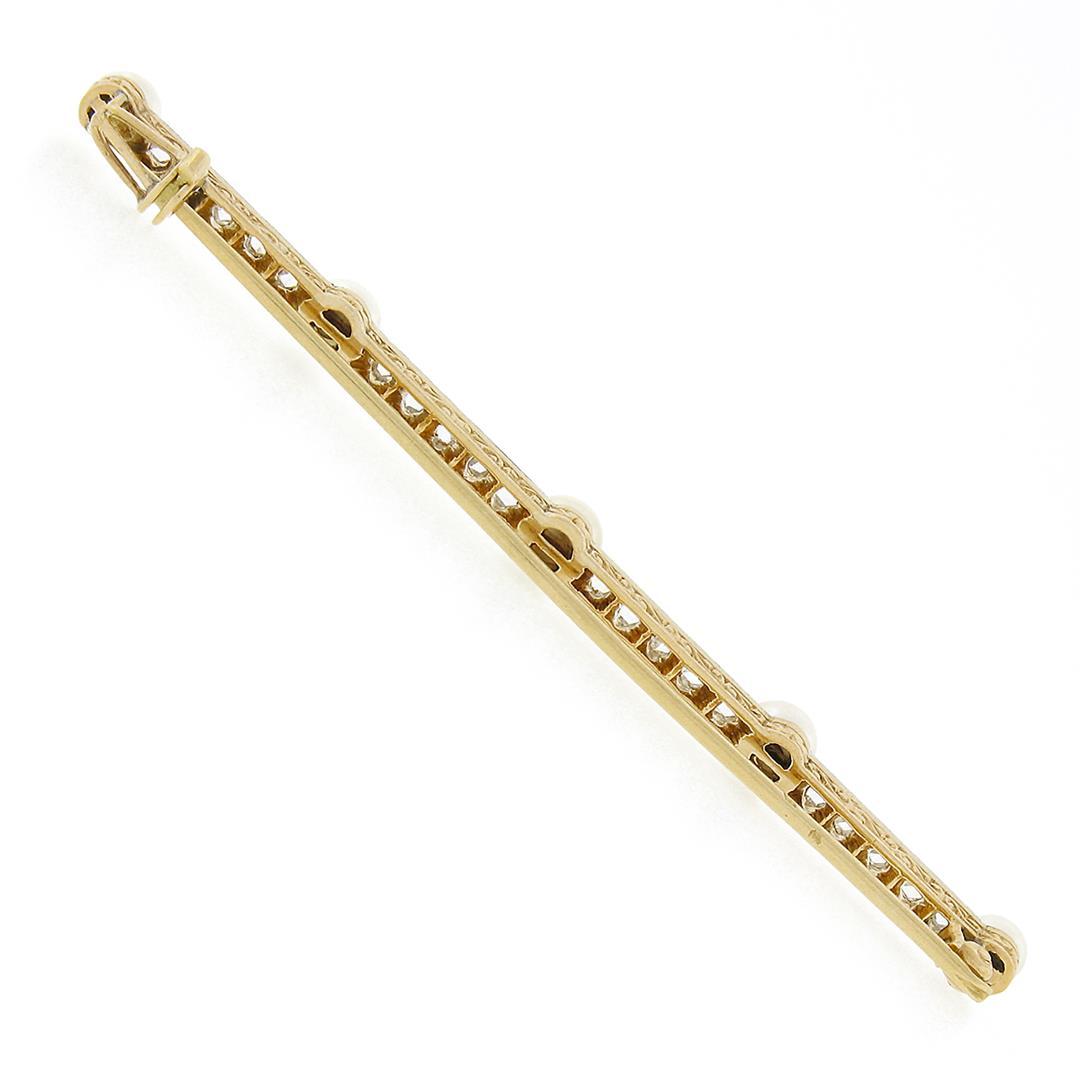 Antique Edwardian French 18k Gold & Platinum 0.80 ctw Diamond Pearl Bar Pin Broo