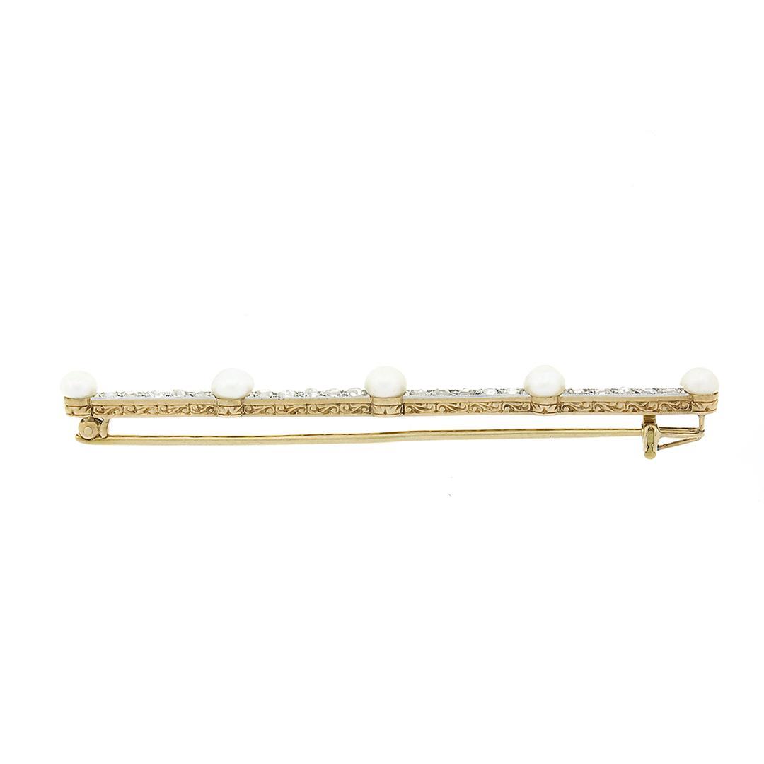 Antique Edwardian French 18k Gold & Platinum 0.80 ctw Diamond Pearl Bar Pin Broo