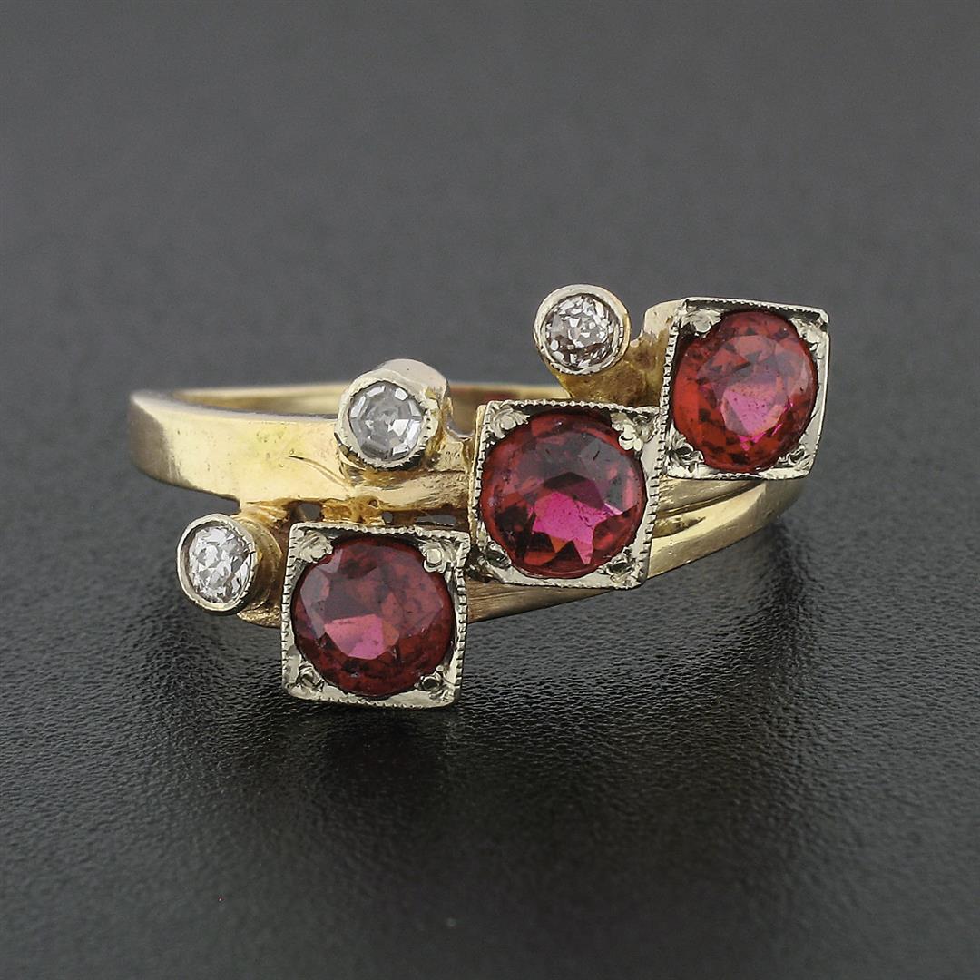 Antique Victorian 14k Yellow Gold 2.15 ctw Old Cut Garnet & Diamond Milgrain Rin