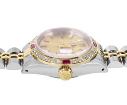 Rolex Ladies Two Tone Champagne Index Diamond And Ruby Date Wristwatch