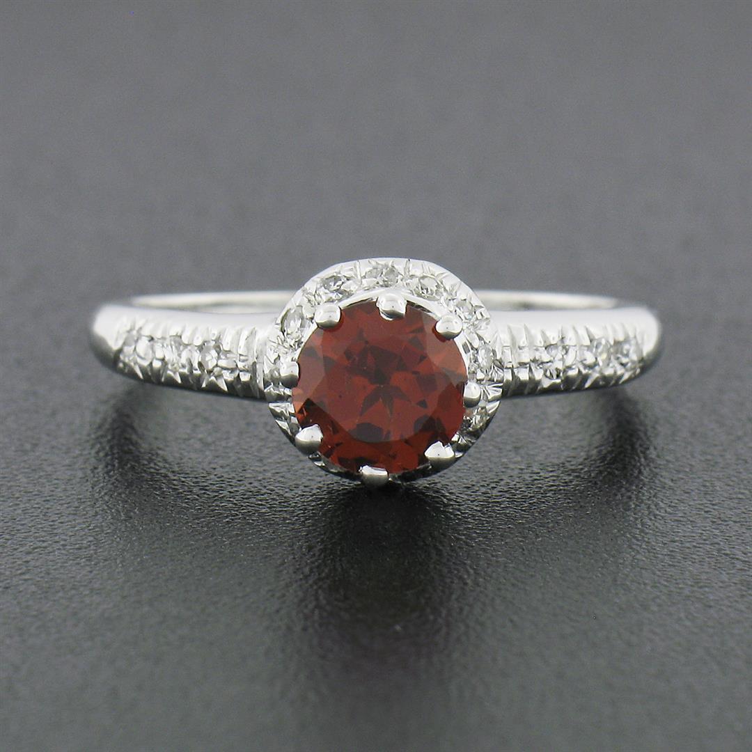 Vintage 18k White Gold.93 ctw Round Prong Garnet Solitaire & Diamond Accents Rin