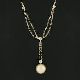 18k Gold 0.12 ctw Bezel Diamond Golden Pearl Dangle Dual Cable Link Chain Neckla