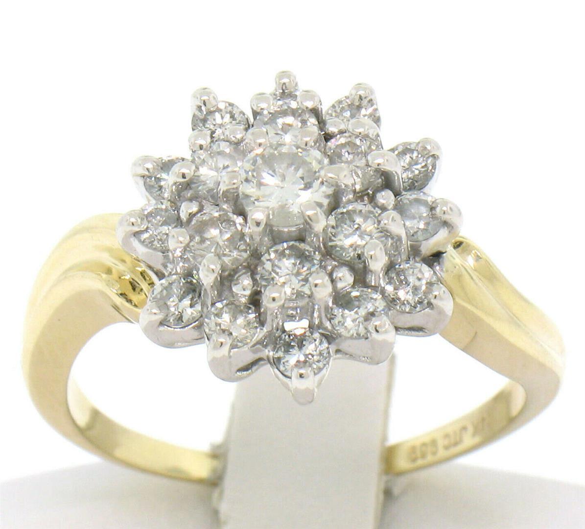 14k Two Tone Gold 1.10 ctw Round Diamond Flower Cluster Ring w/ Wavy Shank