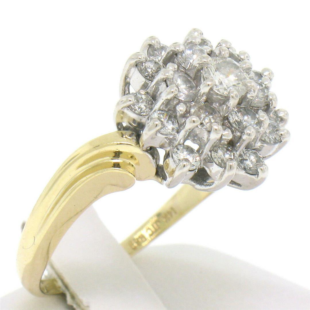 14k Two Tone Gold 1.10 ctw Round Diamond Flower Cluster Ring w/ Wavy Shank