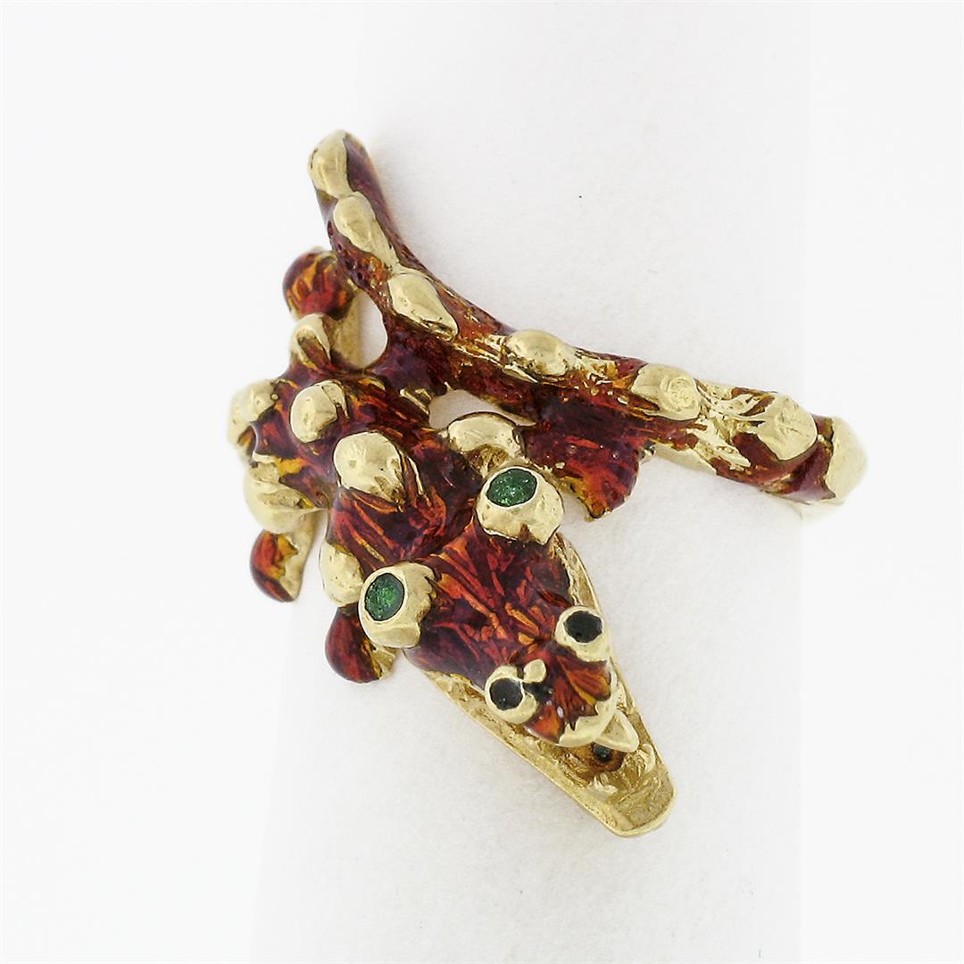 Vintage 18k Gold Red Green & Black Enamel Silly Dragon Petite Wrap Band Ring