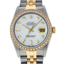 Rolex Mens 2 Tone White Dial Diamond Bezel 36MM Datejust Wristwatch