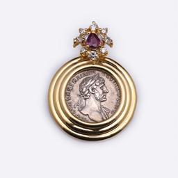 18K Yellow Gold Diamond, Ruby and Silver Imperial Roman Denarius Pendant