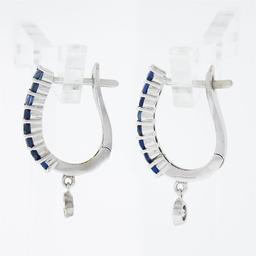 NEW 14k White Gold 1.02 ctw Prong Sapphire Bezel Diamond Dangle Drop Hoop Earrin