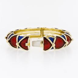 Large Heavy Vintage 14K Gold Blue Red Enamel Twisted Wire Hinged Bangle Bracelet