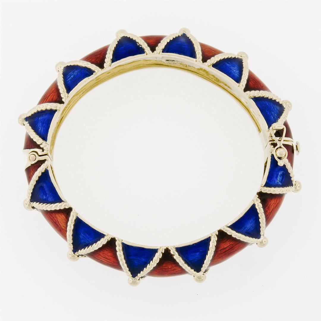 Large Heavy Vintage 14K Gold Blue Red Enamel Twisted Wire Hinged Bangle Bracelet