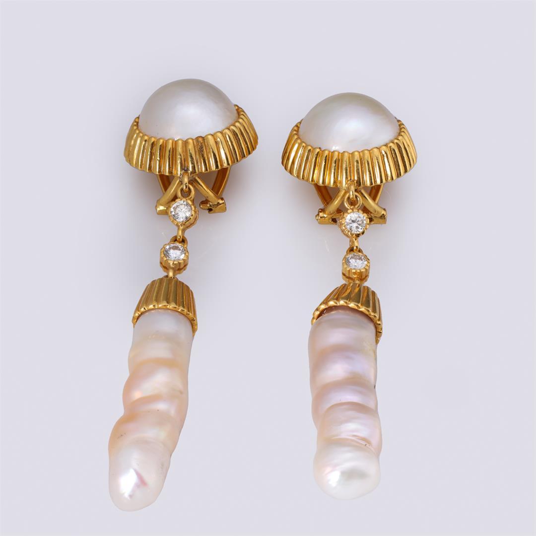 Pair 18K Yellow Gold Mabe & Baroque Pearl Earrings