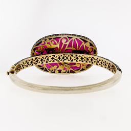 Vintage 14k Yellow Gold Silver Top 4 ctw Diamond Large Ruby Open Bangle Bracelet