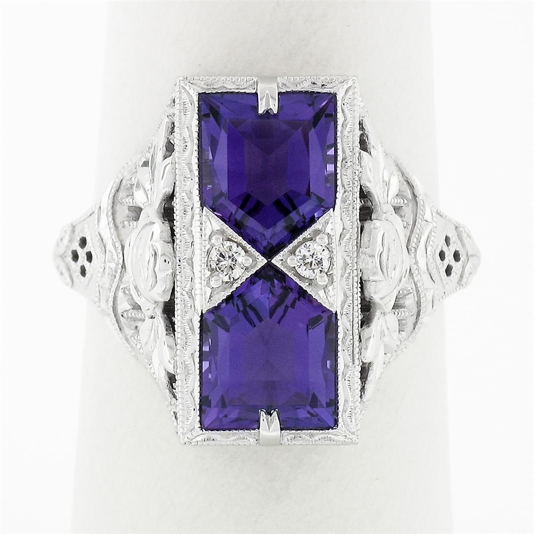 14K White Gold 1.80 ctw Amethyst & Diamond Filigree Etched Milgrain Platter Ring