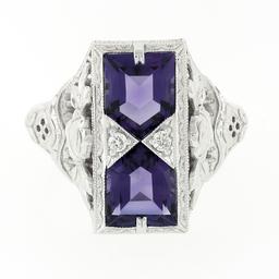 14K White Gold 1.80 ctw Amethyst & Diamond Filigree Etched Milgrain Platter Ring