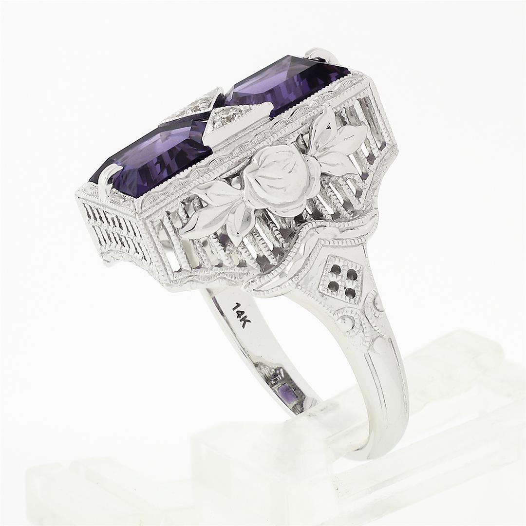 14K White Gold 1.80 ctw Amethyst & Diamond Filigree Etched Milgrain Platter Ring