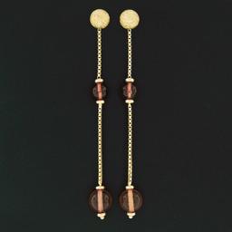 Estate 18K Yellow Gold Bead Citrine Textured Long Box Chain Drop Dangle Earrings