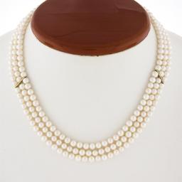 3 Strand 4-4.5mm Cultured Pearl Necklace w/ 14k Yellow Gold Wide Filigree Clasp