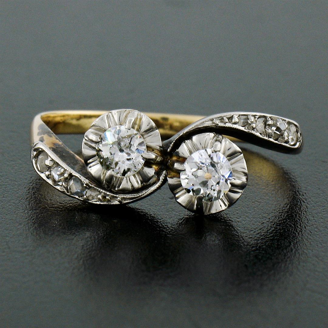 Antique Edwardian 14K Gold Platinum .54 ctw European Diamond Two-Stone Bypass Ri