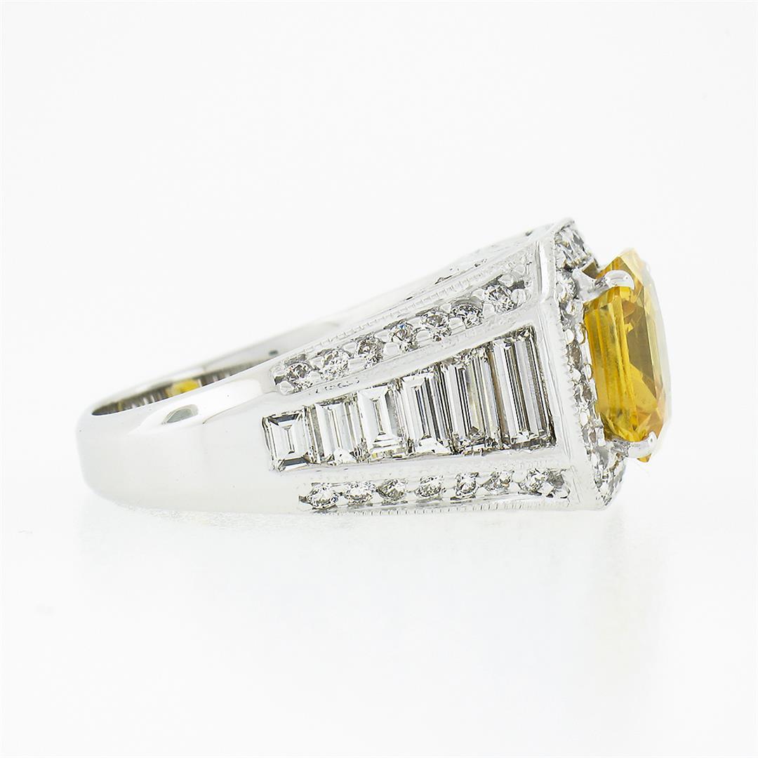 Vintage 18K White Gold 6.95 ctw GIA Orangy Yellow Sapphire & Diamond Cocktail Ri