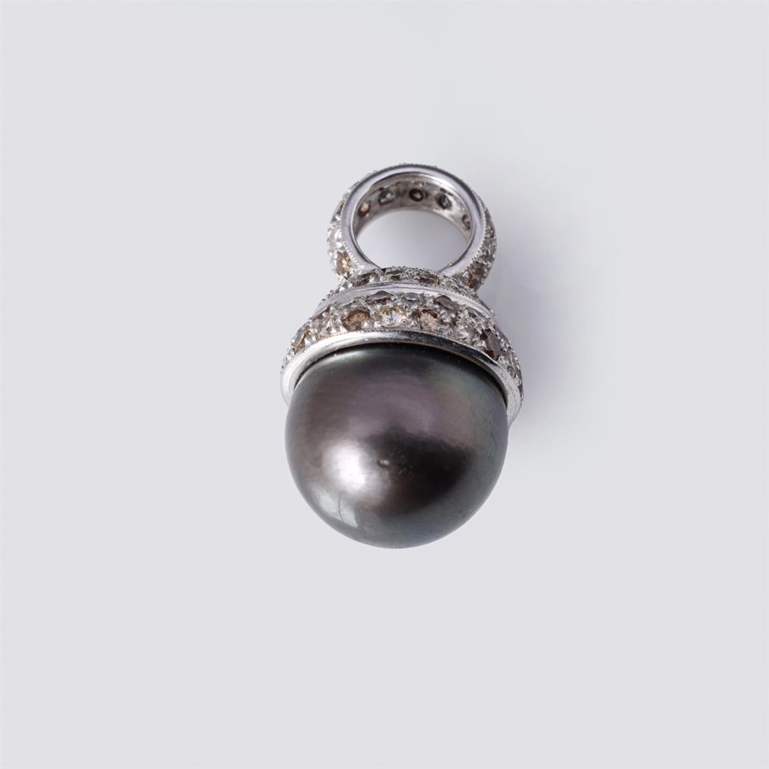 18K White Gold, Large Black South Sea Pearl & Multicolor Diamond Pendant