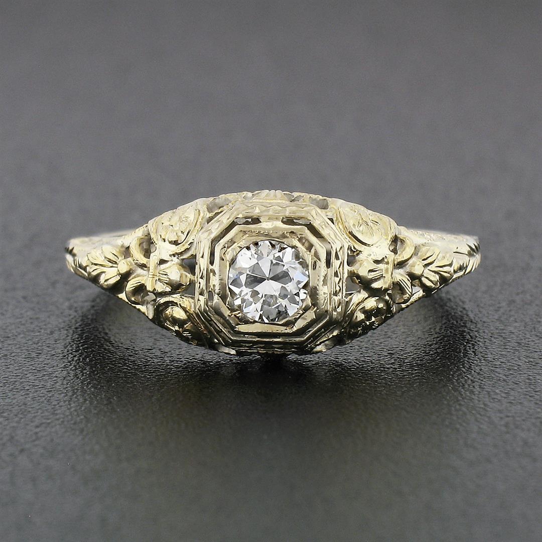 Antique Art Deco 18k Gold 0.26 ctw European Diamond Lambert Bros Filigree Ring