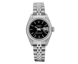 Rolex Ladies Stainless Steel Quickset Black Index Dial Engine Turn Bezel With Ro