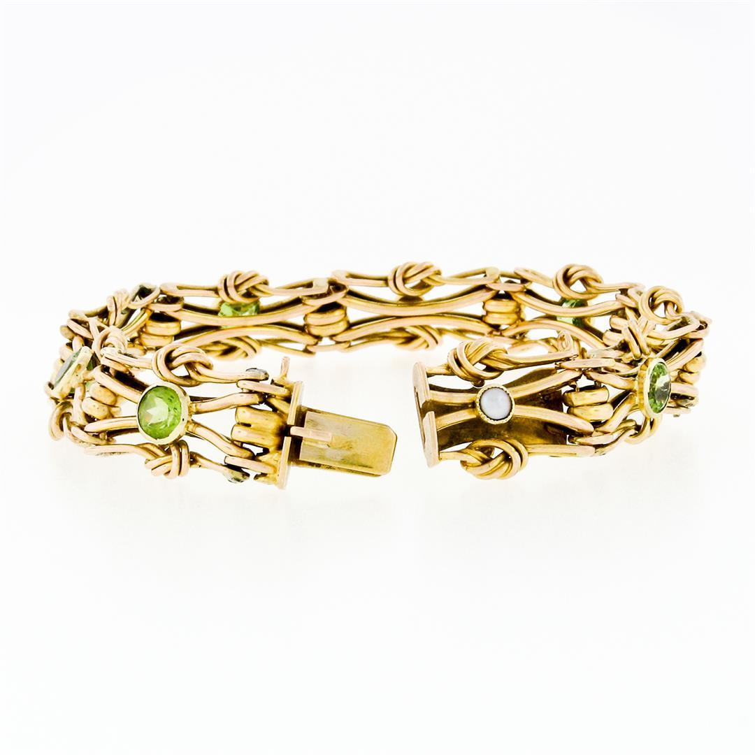 Antique Victorian 15k Gold Green Peridot & Pearl Love Knot Link Chain Bracelet