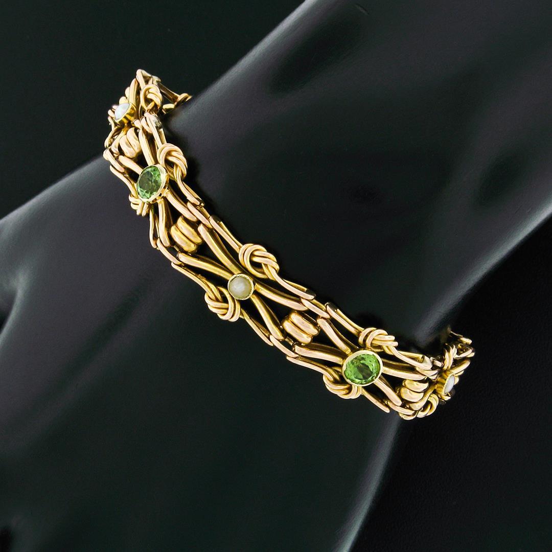 Antique Victorian 15k Gold Green Peridot & Pearl Love Knot Link Chain Bracelet