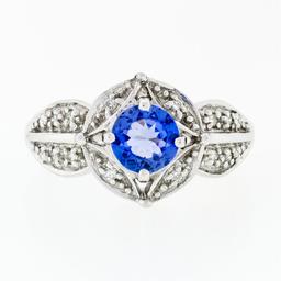 18k White Gold Brilliant Tanzanite Solitaire w/ Diamond Halo Star Flower Ring