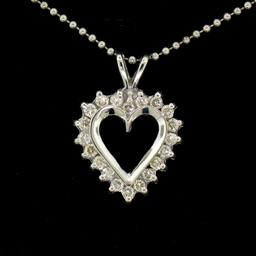 14k White Gold 0.40 ctw Round Brilliant Diamond Open Heart Pendant 16" Bead Chai