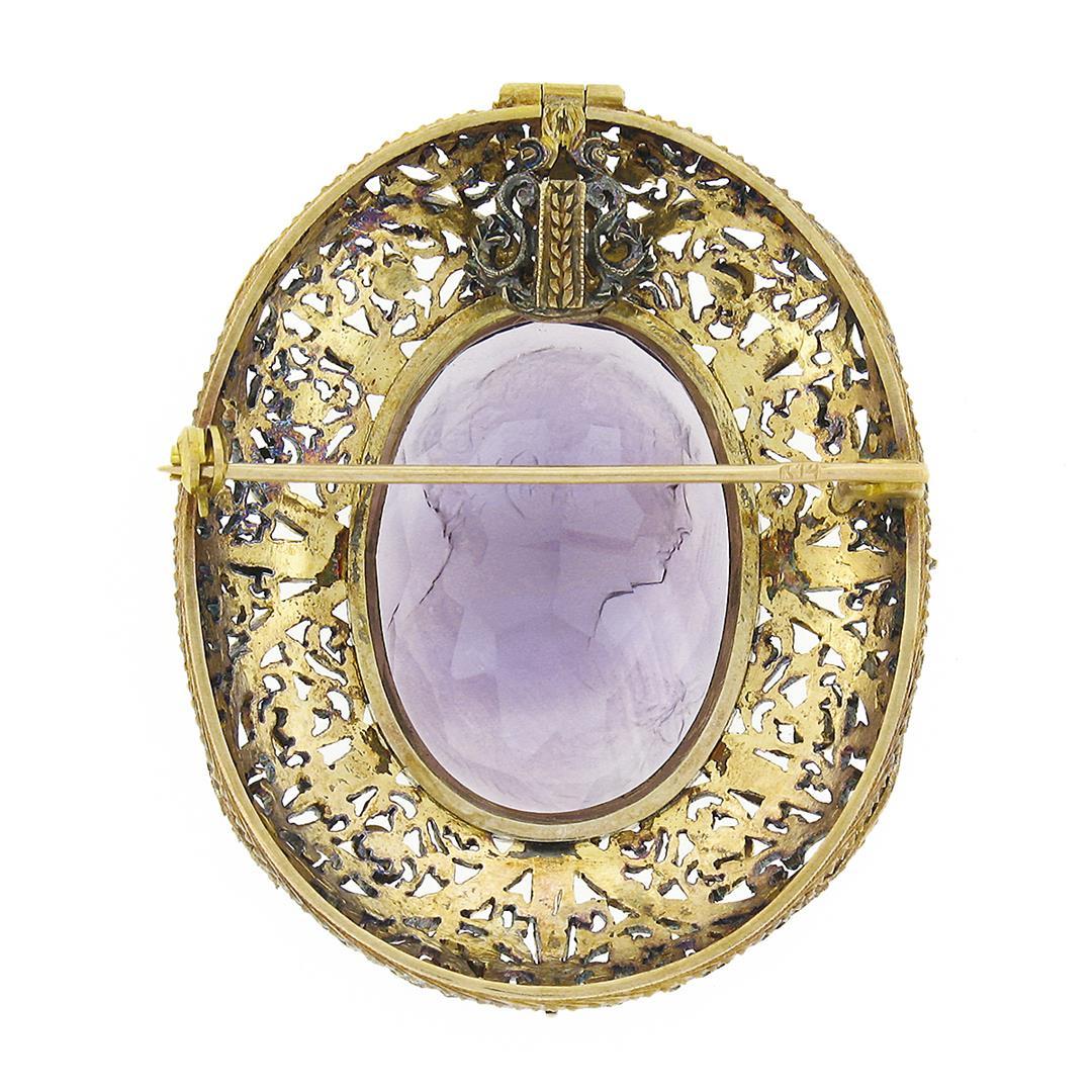 Antique Giovanni Apa 14K Gold Hand Carved Amethyst Cameo DETAILED Brooch Pendant