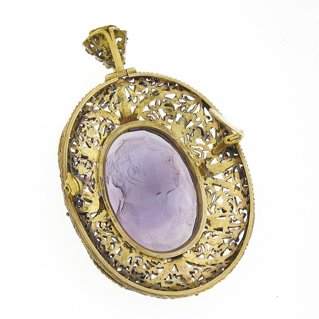 Antique Giovanni Apa 14K Gold Hand Carved Amethyst Cameo DETAILED Brooch Pendant