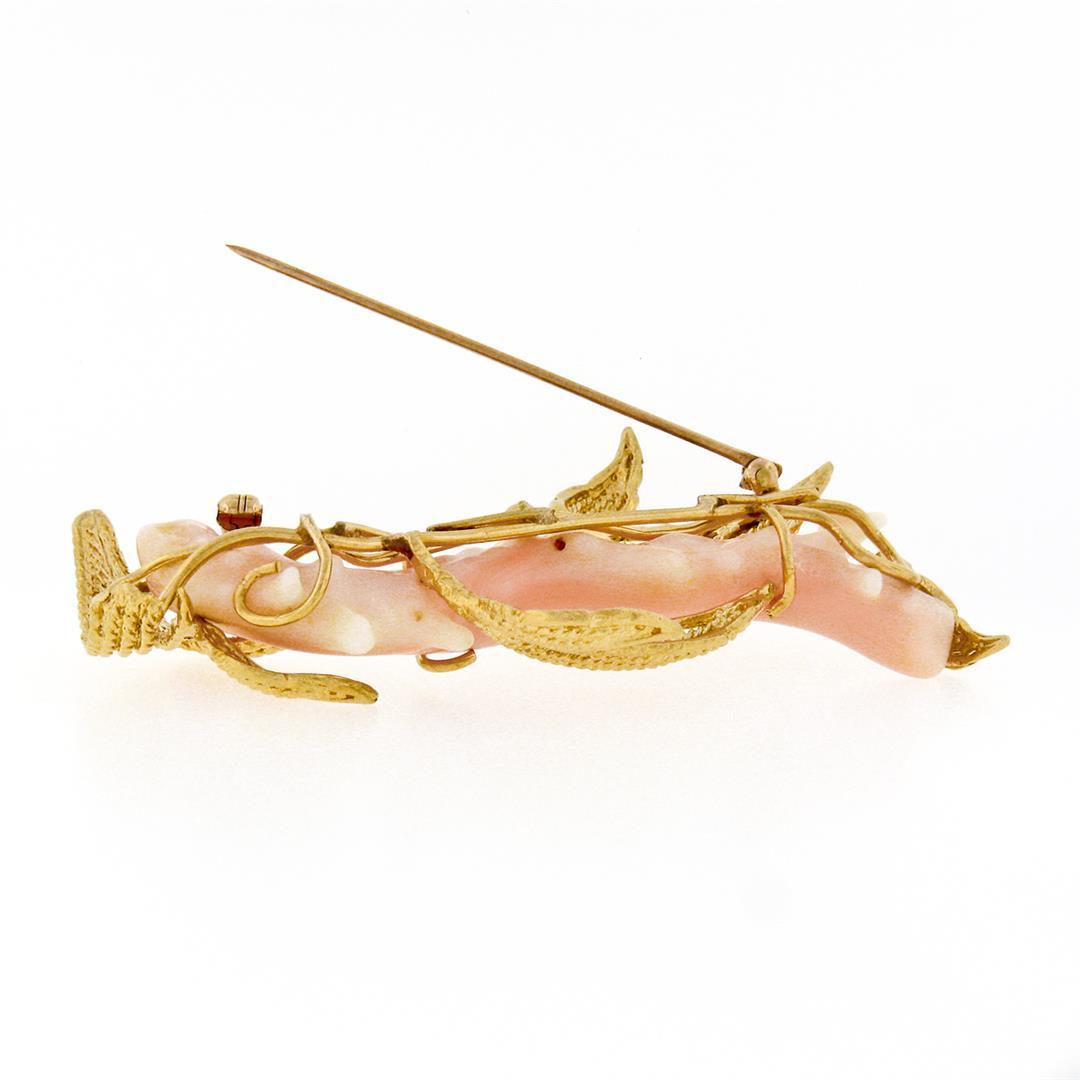 Vintage 14k Yellow Gold Large Natural Angel Skin Coral Branch & Leaf Brooch