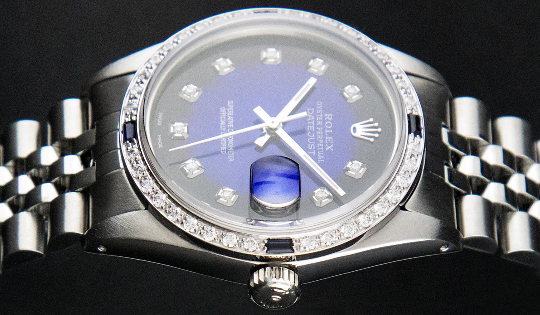 Rolex Mens Stainless Steel Blue Vignette Diamond And Sapphire Datejust Wristwatc