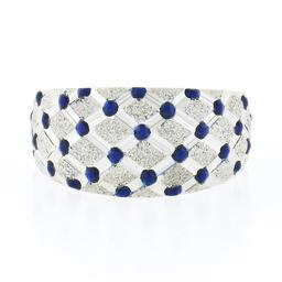 14k White Gold Royal Blue Enamel Dot Tufted Grid w/ Dual Finish Wide Band Ring