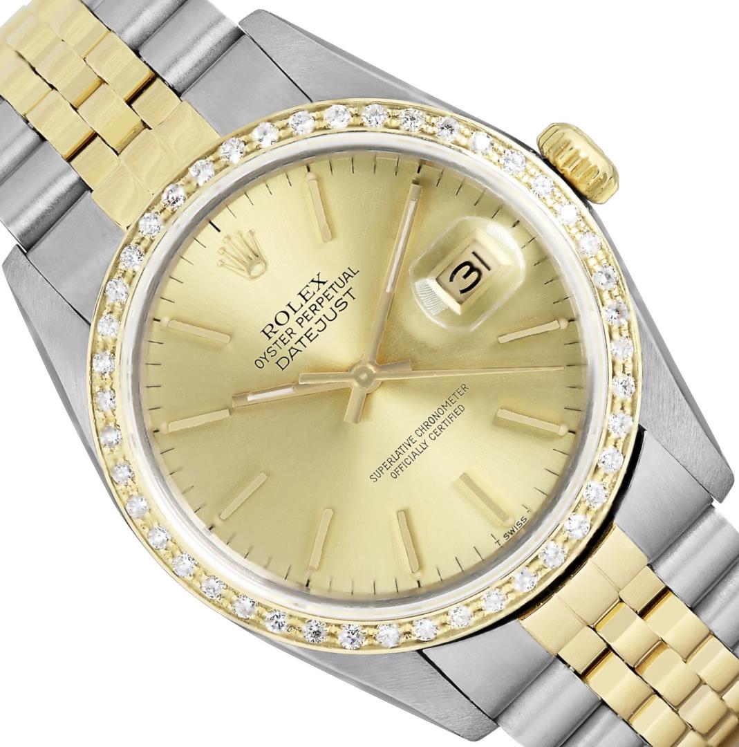 Rolex Mens 2 Tone Champagne Index Diamond Bezel Datejust Wristwatch With Rolex B