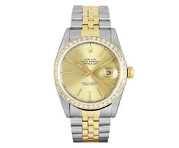 Rolex Mens 2 Tone Champagne Index Diamond Bezel Datejust Wristwatch With Rolex B