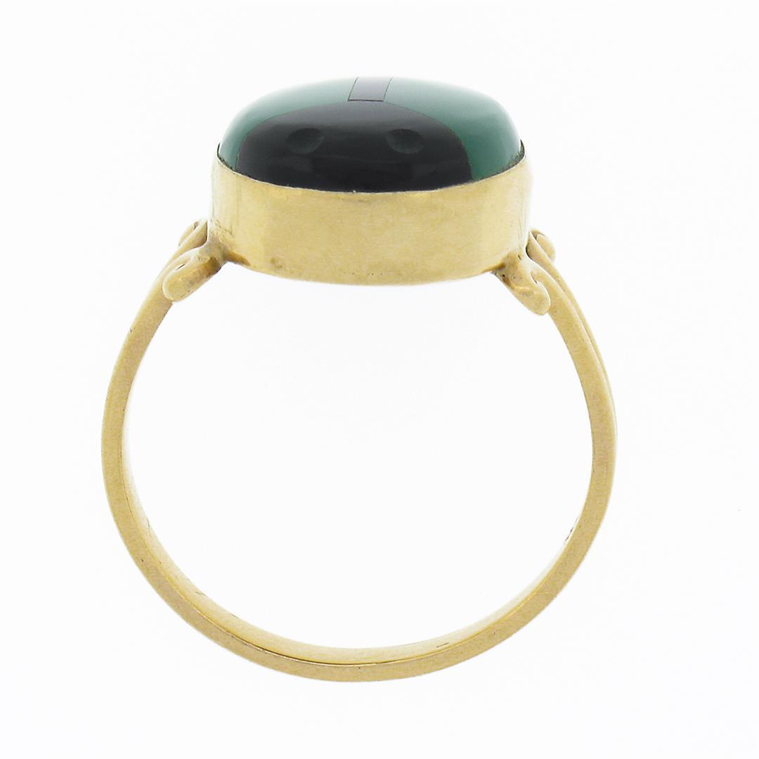 Vintage 14K Gold Oval Bezel Inlaid Chrysoprase & Black Onyx Scarab Beetle Ring