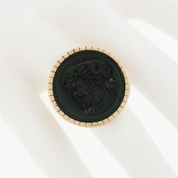 Antique Victorian 14K Gold Black Onyx Carved Intaglio Male Round Platter Ring