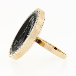 Antique Victorian 14K Gold Black Onyx Carved Intaglio Male Round Platter Ring