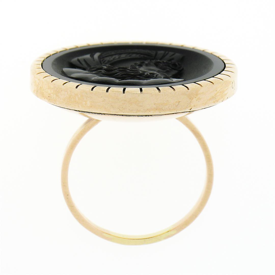 Antique Victorian 14K Gold Black Onyx Carved Intaglio Male Round Platter Ring