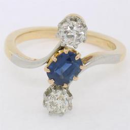 Antique Edwardian 14K Gold Platinum 1.61 ctw Mine Cut Diamond Sapphire Bypass Ri